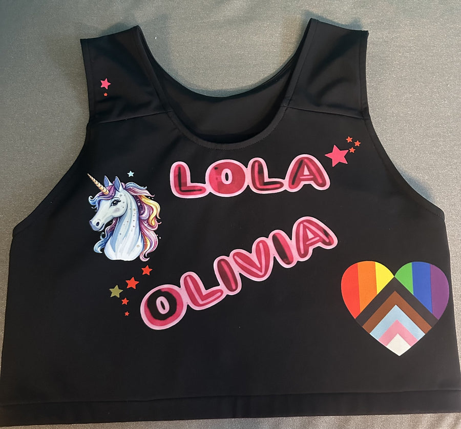Back of the Lola Olivia pride tank with a unicorn and a Progress Pride heart